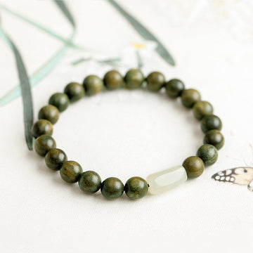 Green Sandalwood Bracelet with White Jade Cylinder – Unisex Balance & Protection
