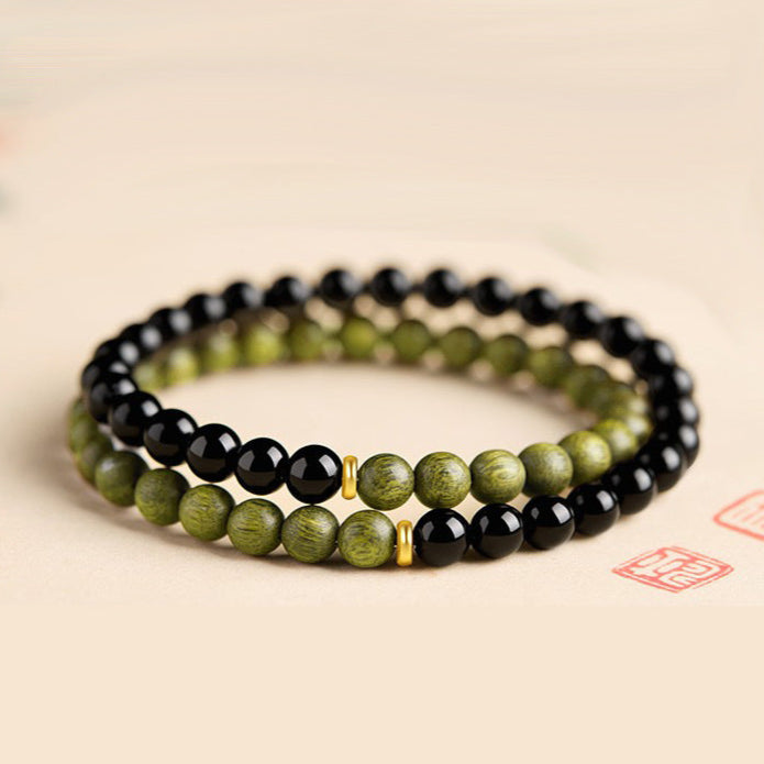 Double-Wrap Green Sandalwood & Black Onyx Bracelet – Balance & Protection