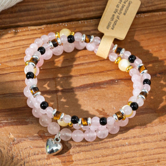 Gemstone Double-Strand Bracelet Collection with Heart Charm – Women’s Balance & Elegance