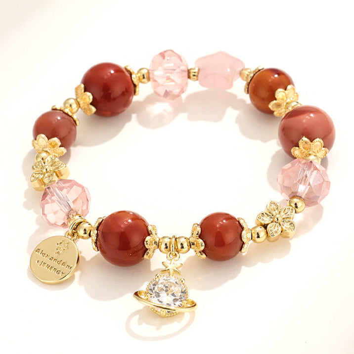 Crystal Charm Gemstone Bracelets – Rose Gold Accents with Planet Pendant