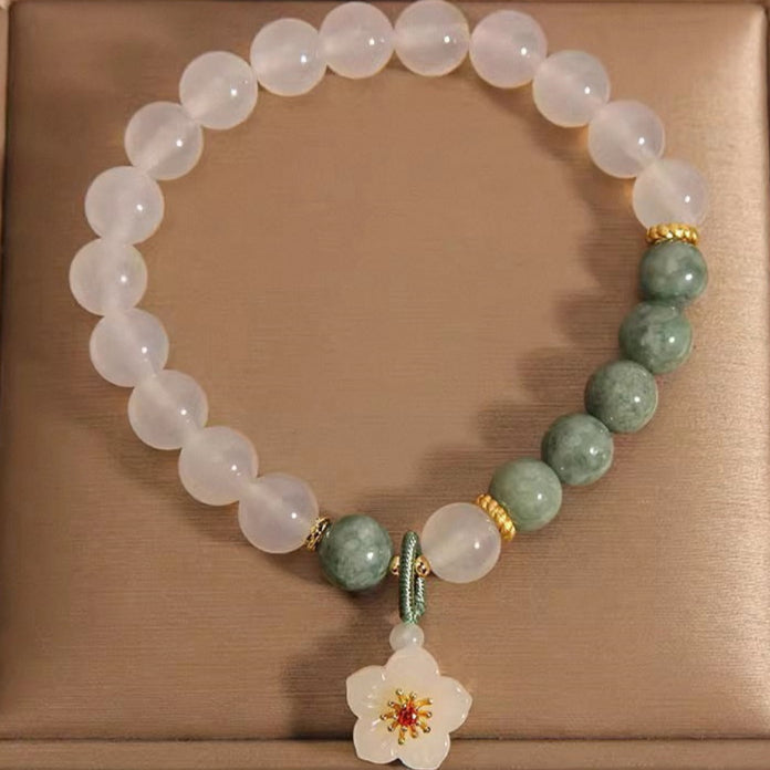 White Jade & Green Aventurine Bracelet with Plum Blossom Charm – Women’s Elegance & Harmony