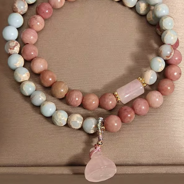 Blush Serenity Bracelet – Rhodochrosite & Shoushan Stone Double Wrapped