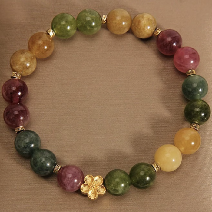 Golden Petal Harmony Bracelet – Multi-Color Tourmaline & Flower Charm