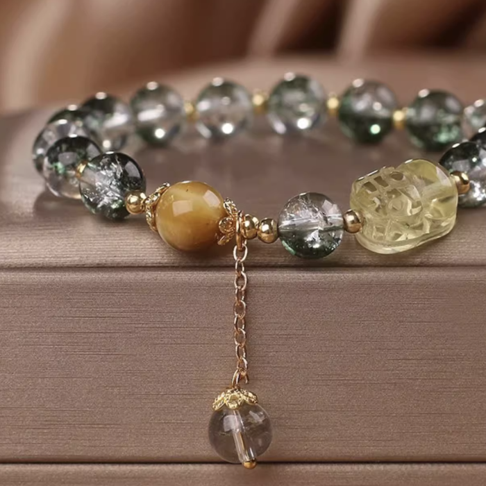 Verdant Vision Bracelet – Green Phantom Quartz & Golden Crystal Charm