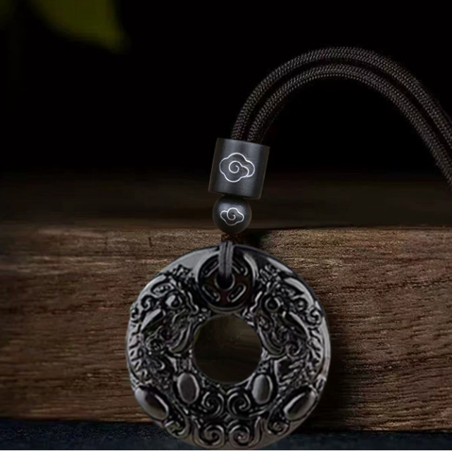 Black Obsidian Double-Dragon Bi Pendant – Protection & Balance