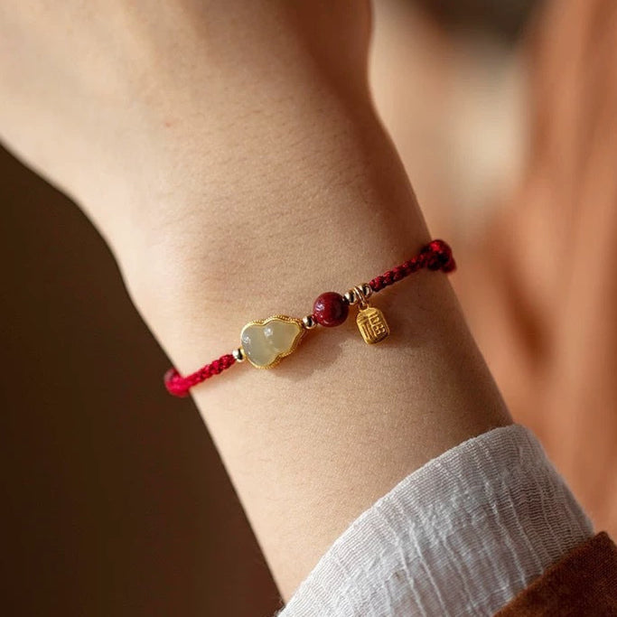 Cinnabar Fortune Gourd Red String Bracelet – Jade Inlay, Hand-Braided (2 Colors)