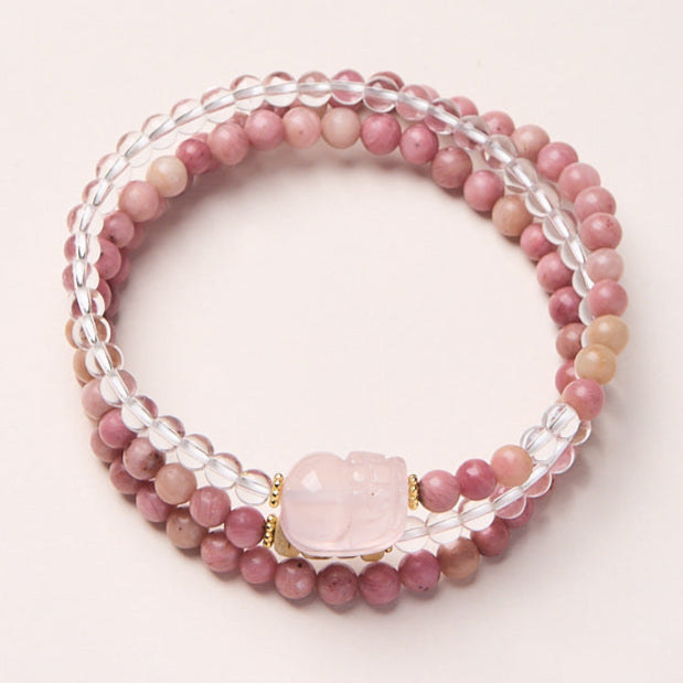 Rhodochrosite & Clear Quartz Double-Wrap Bracelet with Rose Quartz Pixiu – Love & Protection
