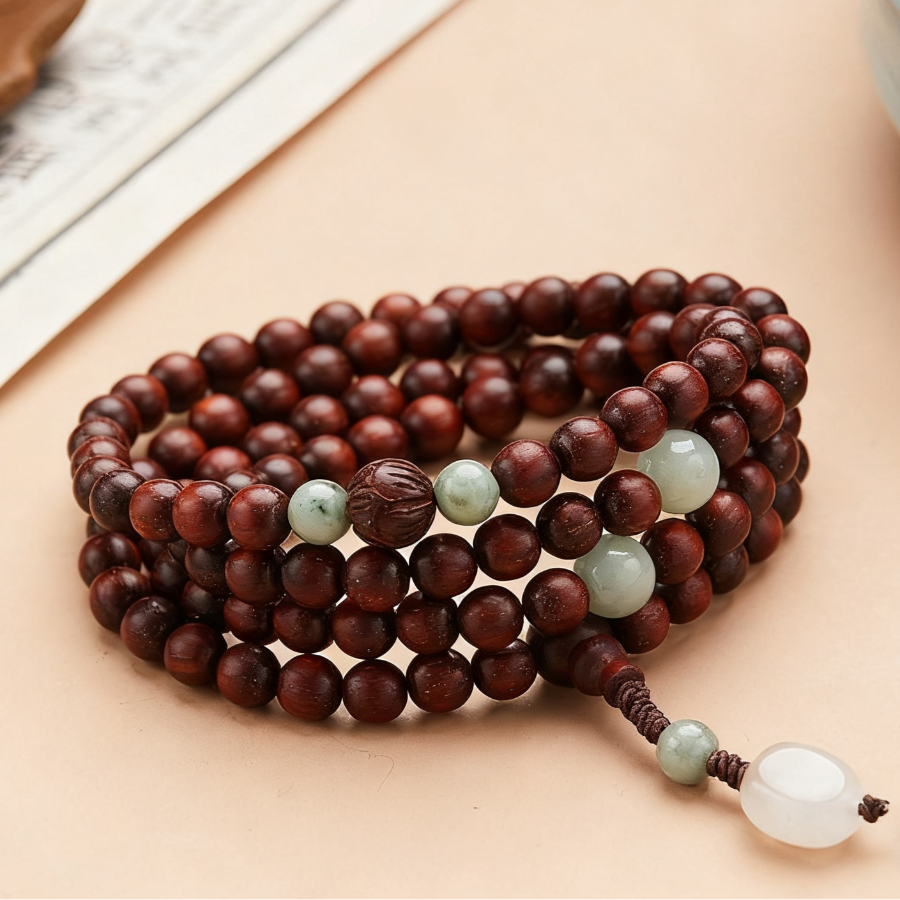Red Sandalwood Double-Wrap Mala Bracelet with Jade Accents – Grounding & Protection