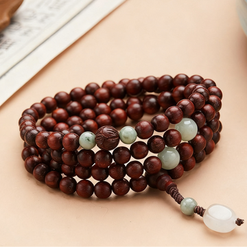 Red Sandalwood Double-Wrap Mala Bracelet with Jade Accents – Grounding & Protection