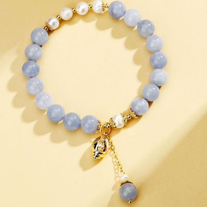 Ocean Grace Bracelet – Aquamarine & Pearl with Lucky Gourd Charm